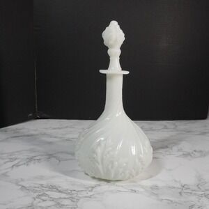 Antique White Milk Glass Decanter Swirl Neck Leaf Embossed Bottle Ditheridge